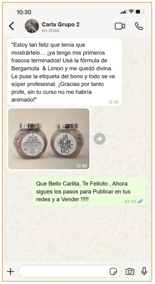 Mensaje de Carla mostrando sus primeros frascos terminados