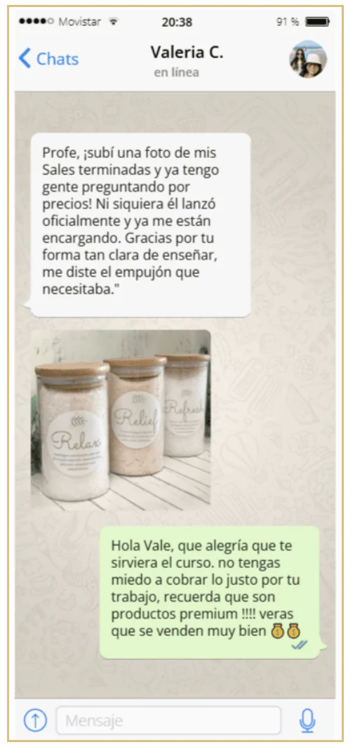 Mensaje de Valeria contando que ya recibe pedidos