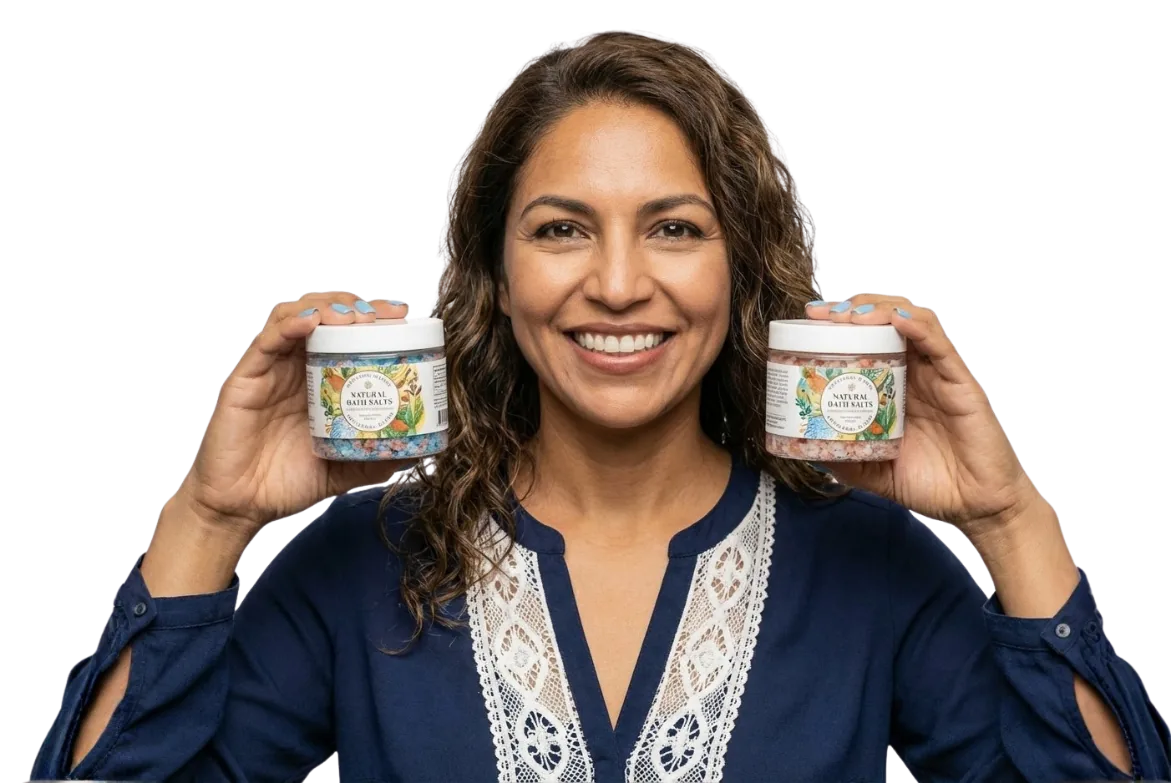 Mujer mostrando sus sales de baño naturales